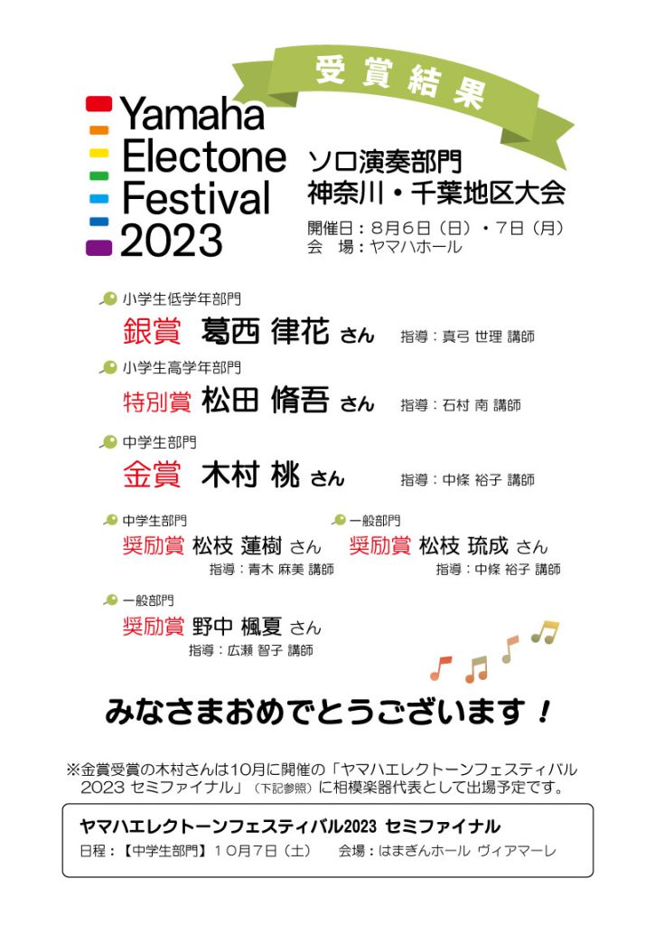 YEF2023 ソロ演奏部門 神奈川・千葉地区大会」受賞結果 | 相模楽器